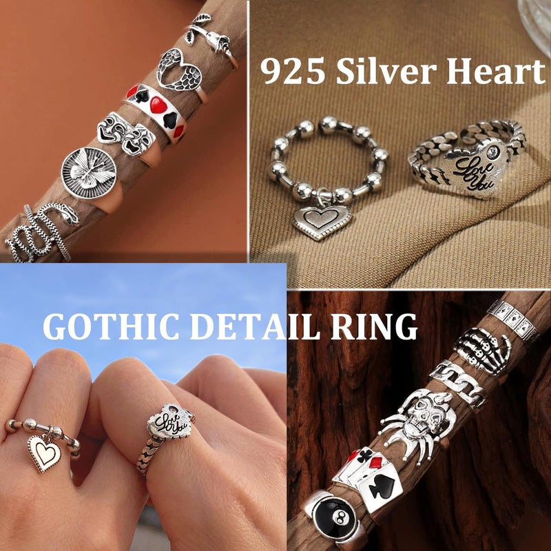 17IF 26-35 Pcs Vintage Silver Knuckle Rings Set for Women Men, Grunge Gothic Rings Chunky Aesthetic Snake Stackable Adjustable Punk Bulky Finger Alt Fairy Skull Frog Heart Star Flower Midi Ring Pack - Image 4